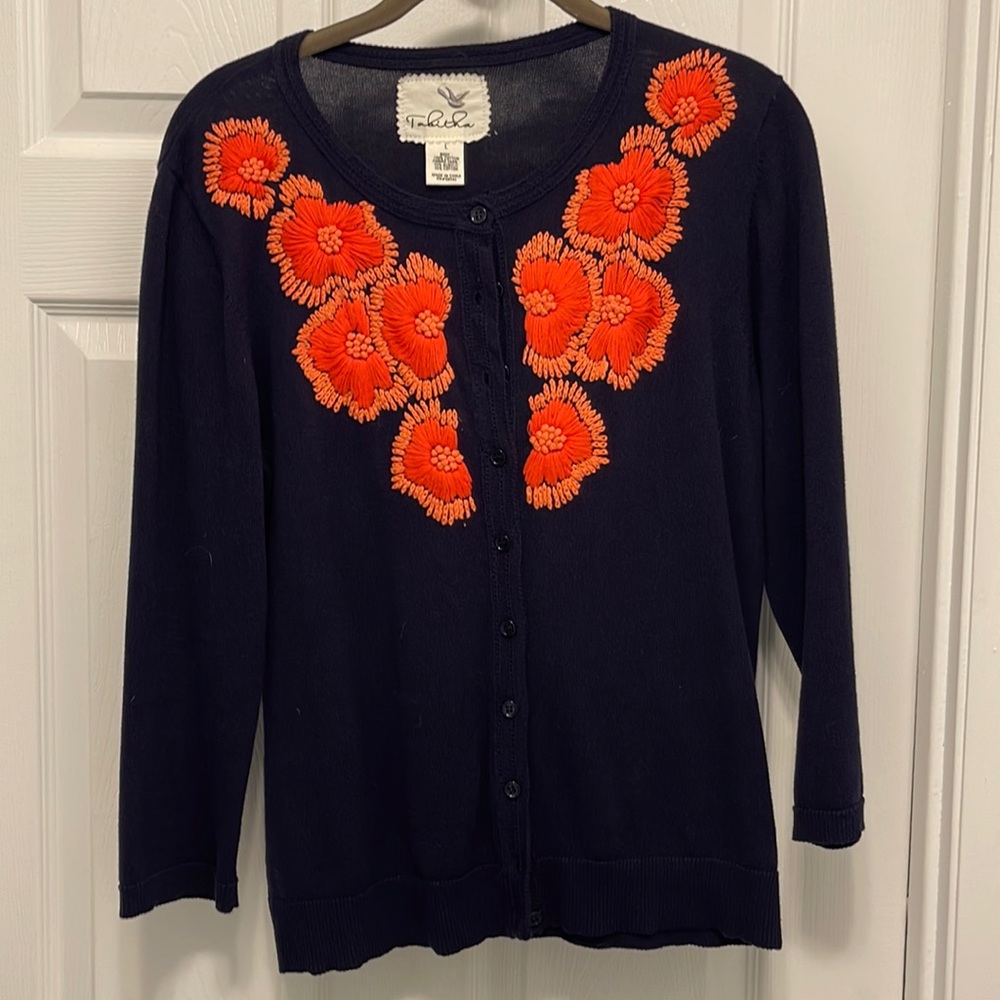 Women’s Tabitha Sweater Navy blue with orange/coral embroidered